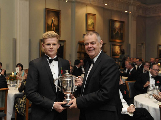 England Lion: Kent’s Sam Billings receives the Walter Lawrence Trophy from Geoff Miller OBE, the former England, Derbyshire and Essex off-spinner, who was an England selector from 2008-13.