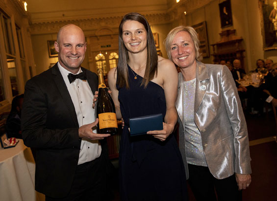 Wonder women: (Above) Amy Jones, winner of the 2021 Walter Lawrence Women's Award, receives a special medallion, a cheque for £2,500 and a magnum of Veuve Cliquot from Andrew Strauss and Lauren Clark, widow of the late Bob Willis. (Below) It's the turn of  2020 winner Georgia Adams to receive her rewards.