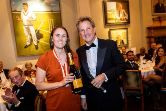 A Nat-trick of wins: England all-rounder Nat Sciver, winner of the Walter Lawrence Women's Award for the third time, picks up a cheque for £2,500, a special medallion and a magnum of Veuve Cliquot from Mark Nicholas, who sung her praises.